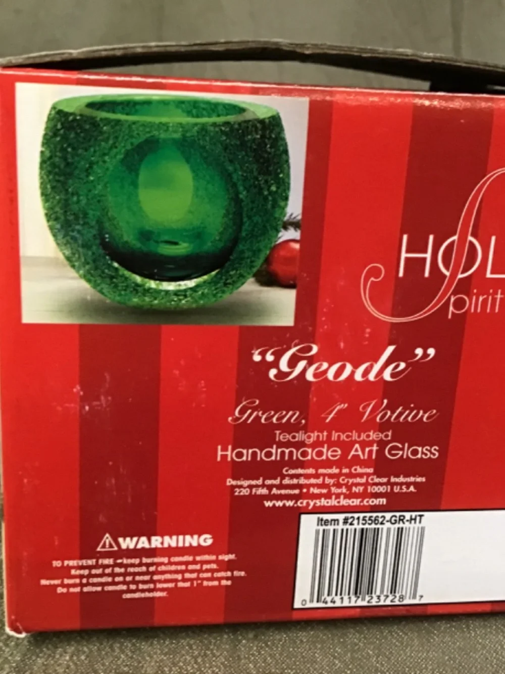 NWT- MCM “Geode” Green Votive Handmade Art Glass Sugared Candle Holder w/ Box